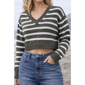 American Eagle Women's XS Green Striped Cropped Sweater Cotton Blend